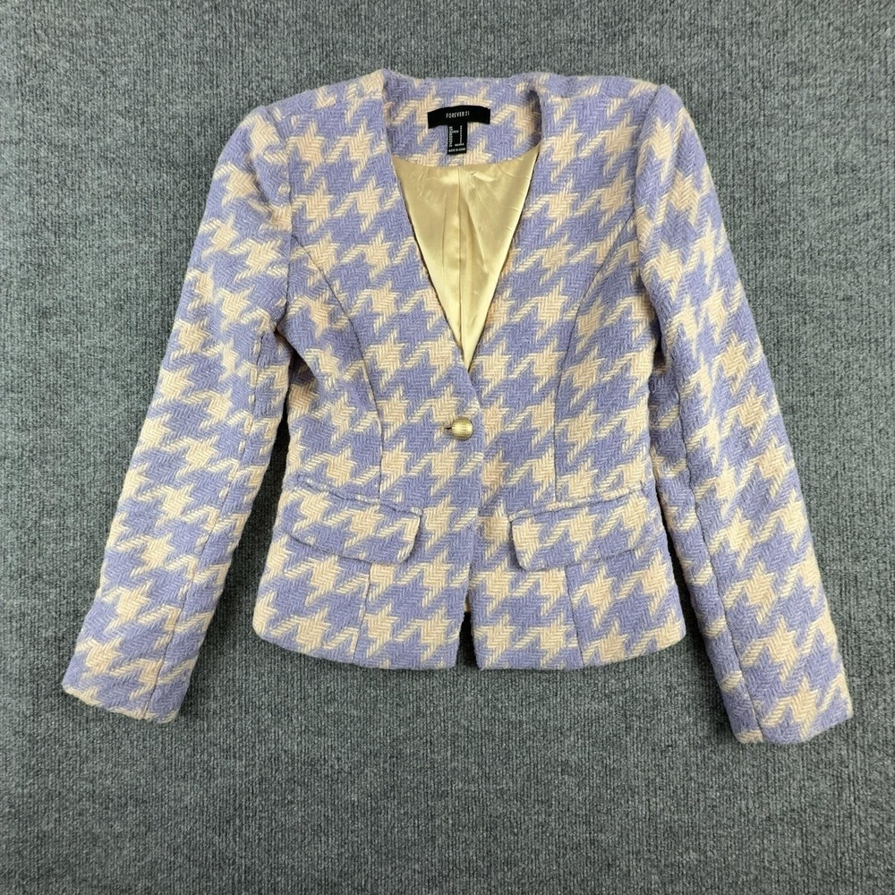 Forever 21 Blazer Jacket Womens Small Purple Check Tweed Button Front Collarless